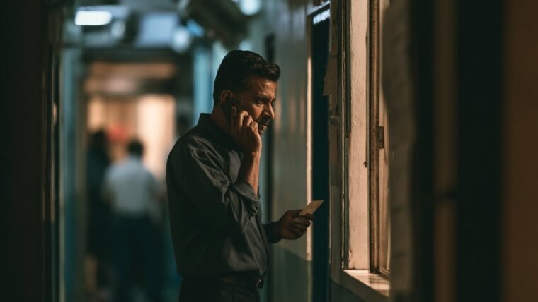 Man on an urgent phone call in a hallway holding a bank card