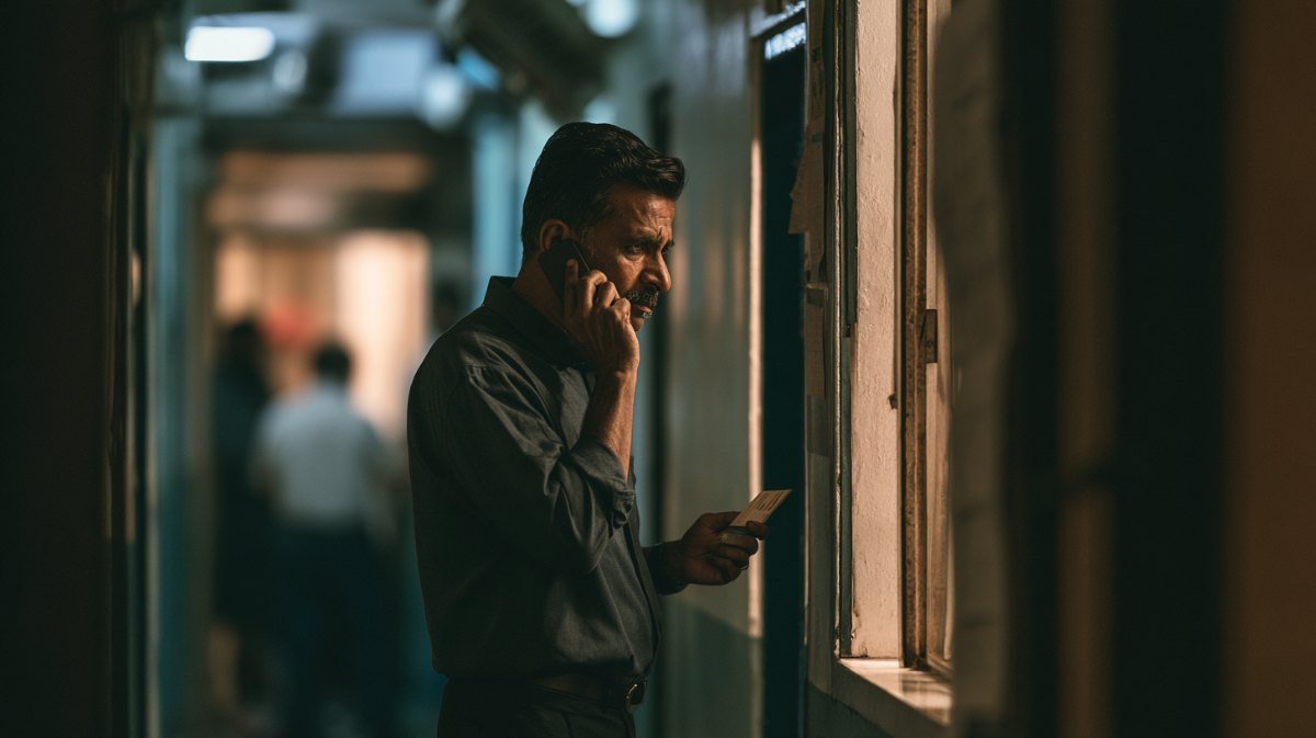 Man on an urgent phone call in a hallway holding a bank card