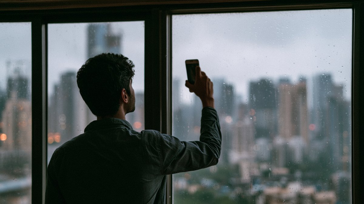 Man holding a smartphone up towards an apartment window to improve signal