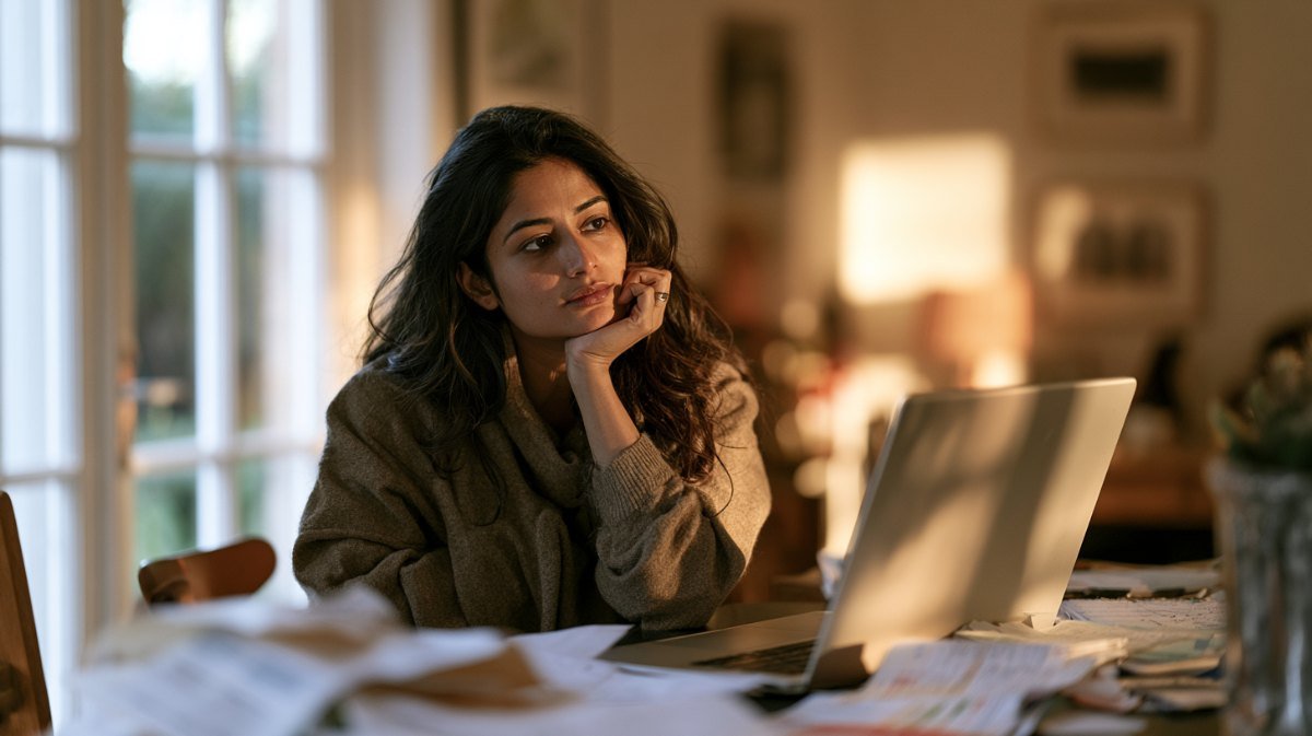 Woman at a dining table with a laptop and household documents spread out
