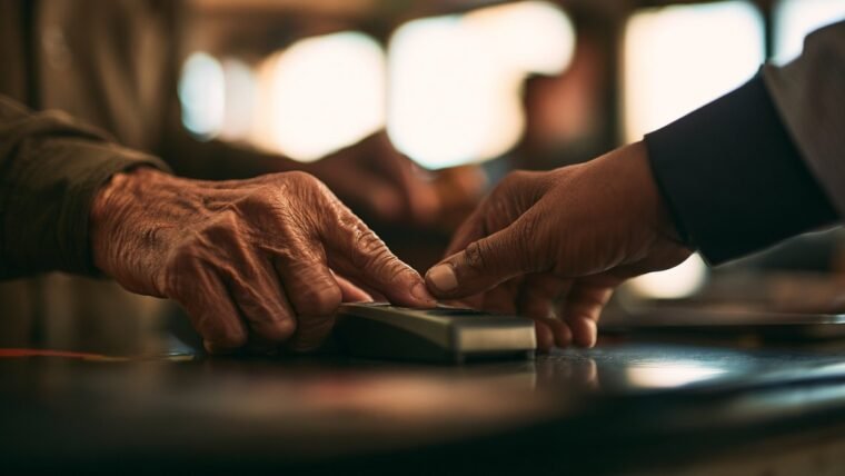 Elderly man pressing his thumb on a biometric fingerprint scanner at a counter