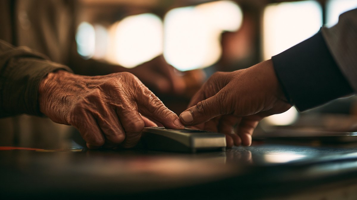 Elderly man pressing his thumb on a biometric fingerprint scanner at a counter