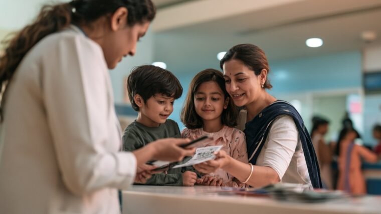 Family at a hospital reception desk while a QR code is scanned from a phone