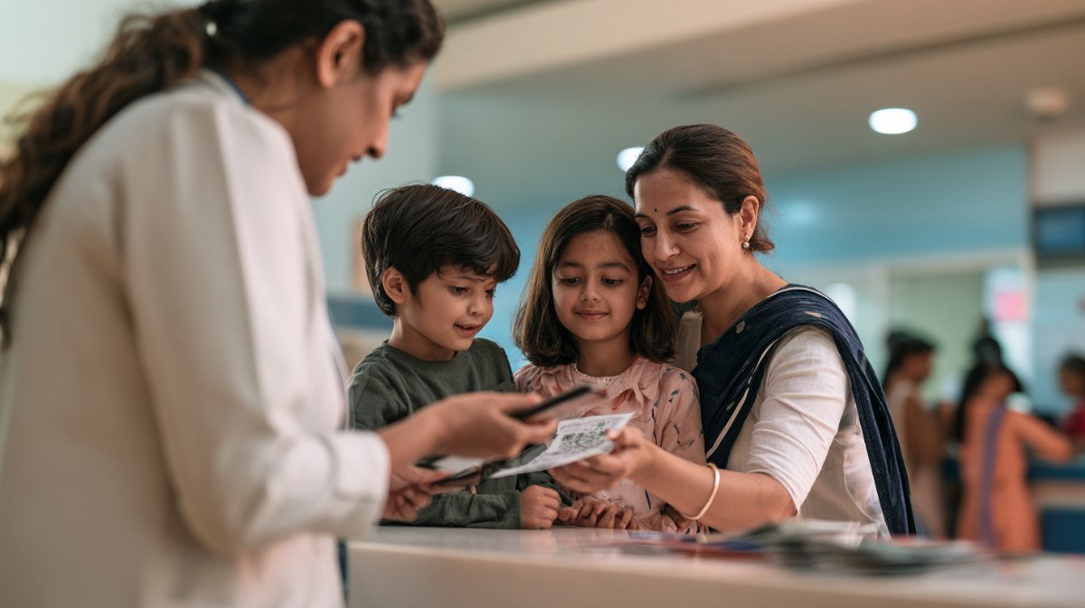 Family at a hospital reception desk while a QR code is scanned from a phone