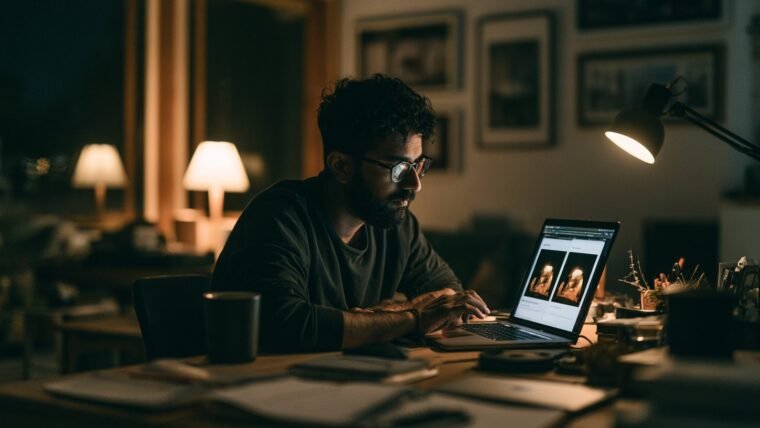An Indian man comparing two versions of an enhanced photograph on a laptop at a home desk