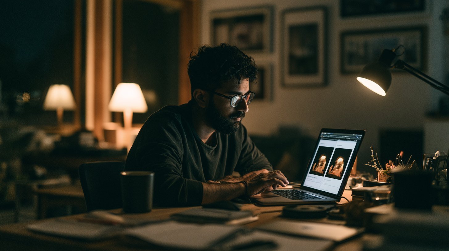 An Indian man comparing two versions of an enhanced photograph on a laptop at a home desk