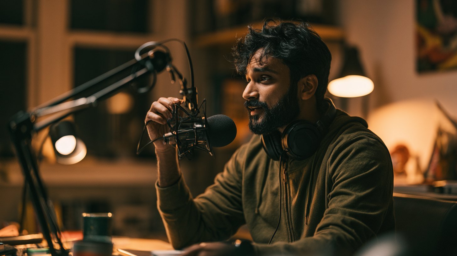 An Indian man recording into a studio microphone at a home desk with headphones around his neck