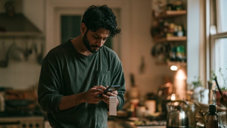 Man frowning at a smartphone showing a message attachment in a kitchen