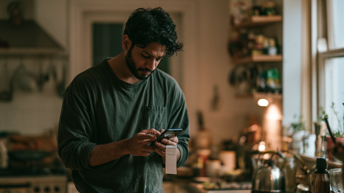 Man frowning at a smartphone showing a message attachment in a kitchen