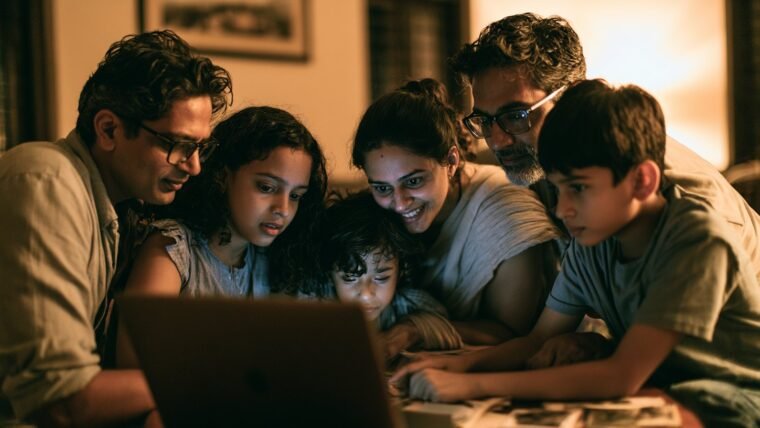 An Indian family looking through backed up photographs together on a laptop at home