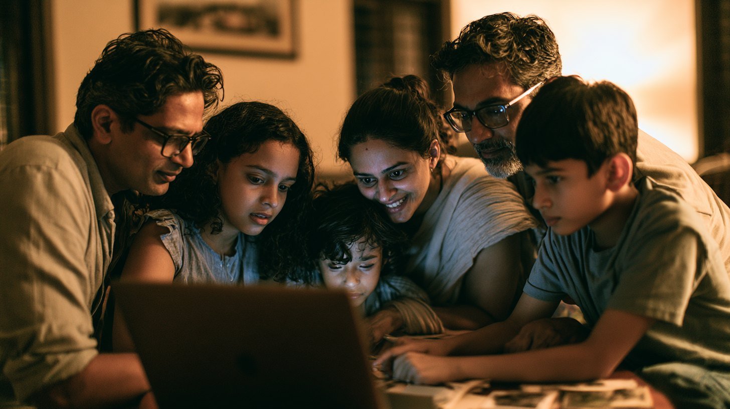An Indian family looking through backed up photographs together on a laptop at home