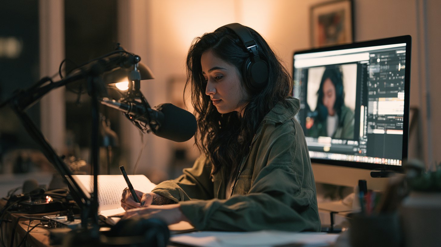 An Indian content creator working at a small home studio desk with a microphone and monitor