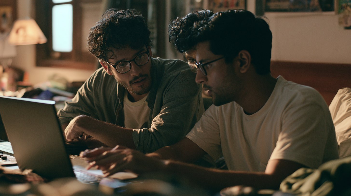 Two Indian students reviewing a video edit together on a laptop in a hostel room