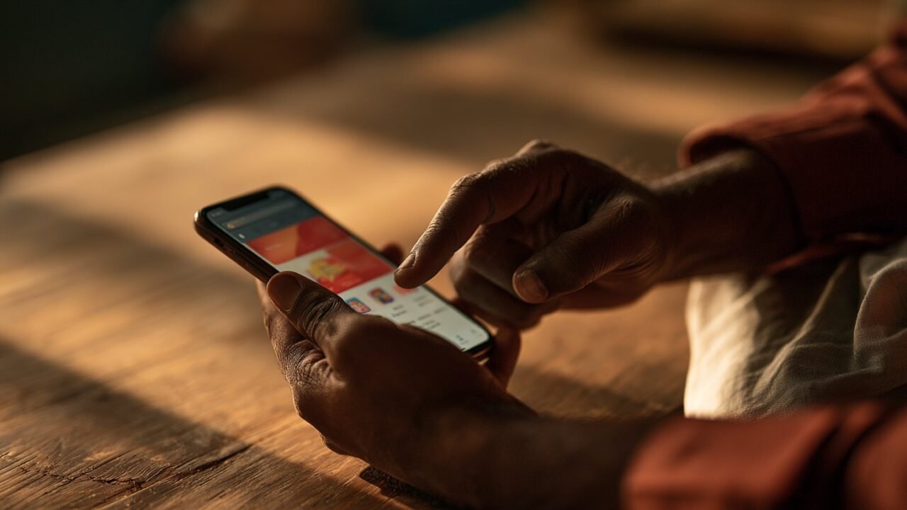 Close up of Indian hands browsing an app store for photo recovery apps on a smartphone