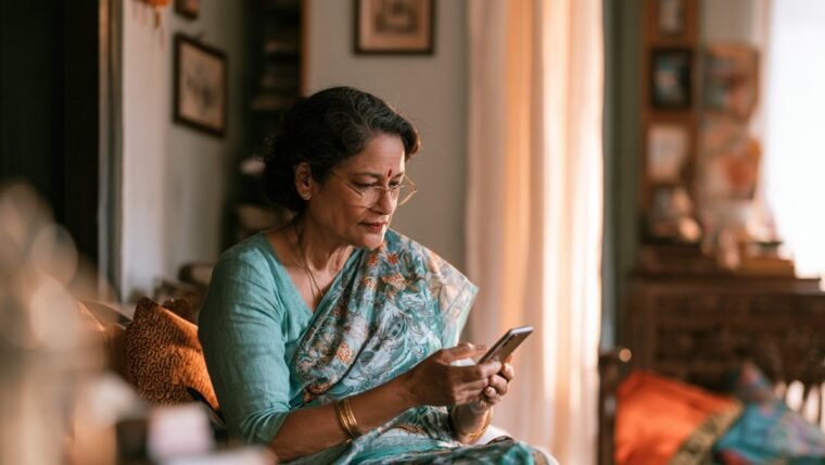 Woman holding a smartphone at arms length looking at an unknown caller