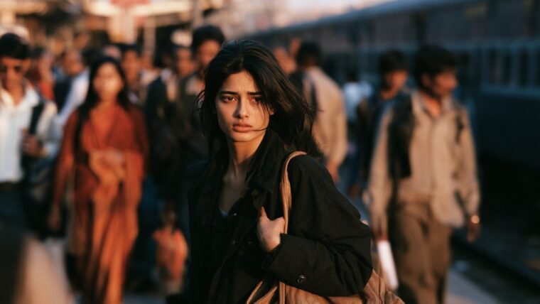 Commuter on a crowded Indian railway platform realising her phone is missing