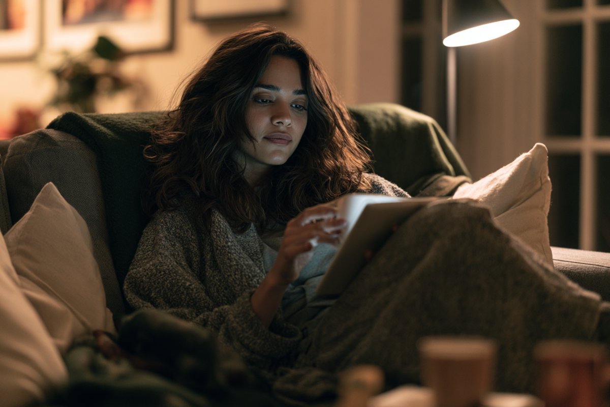 Woman browsing Tamil and Telugu movies on a tablet at home with a cup of chai