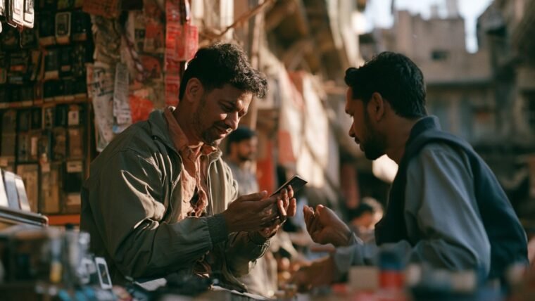 Two men examining a second-hand smartphone together at a market stall