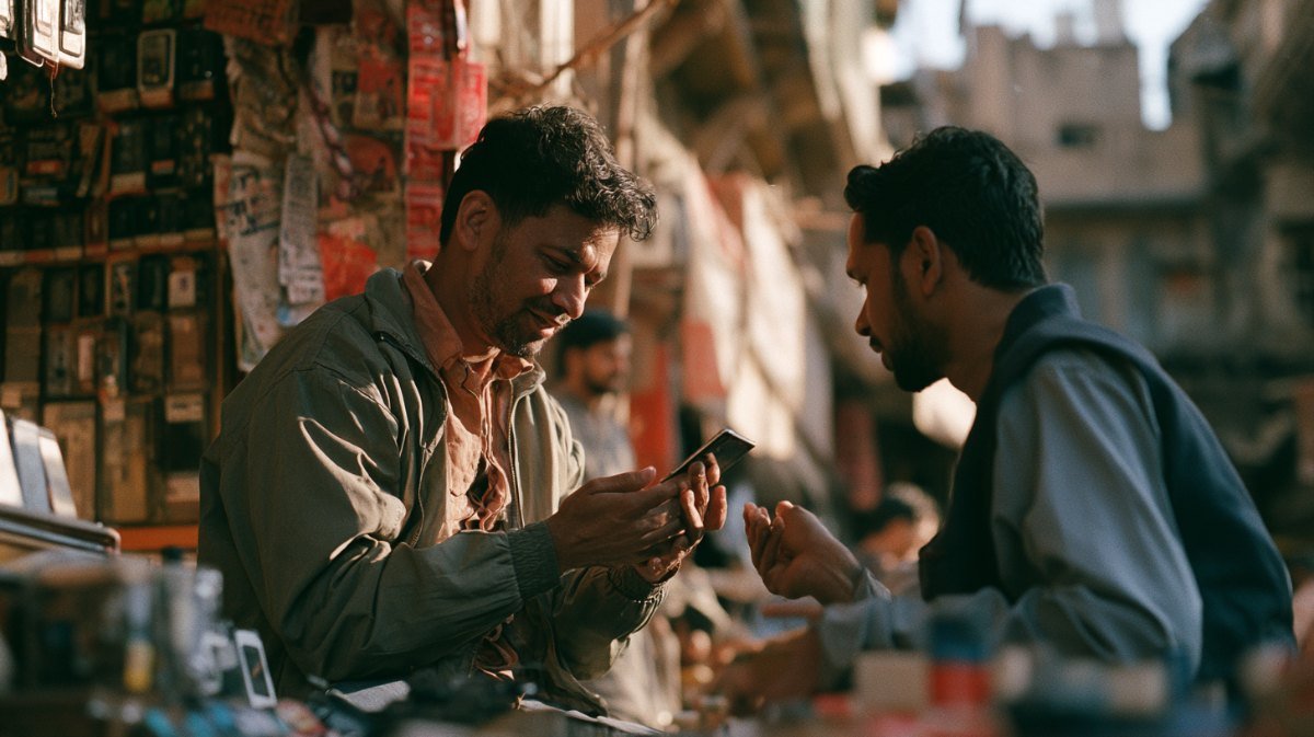 Two men examining a second-hand smartphone together at a market stall