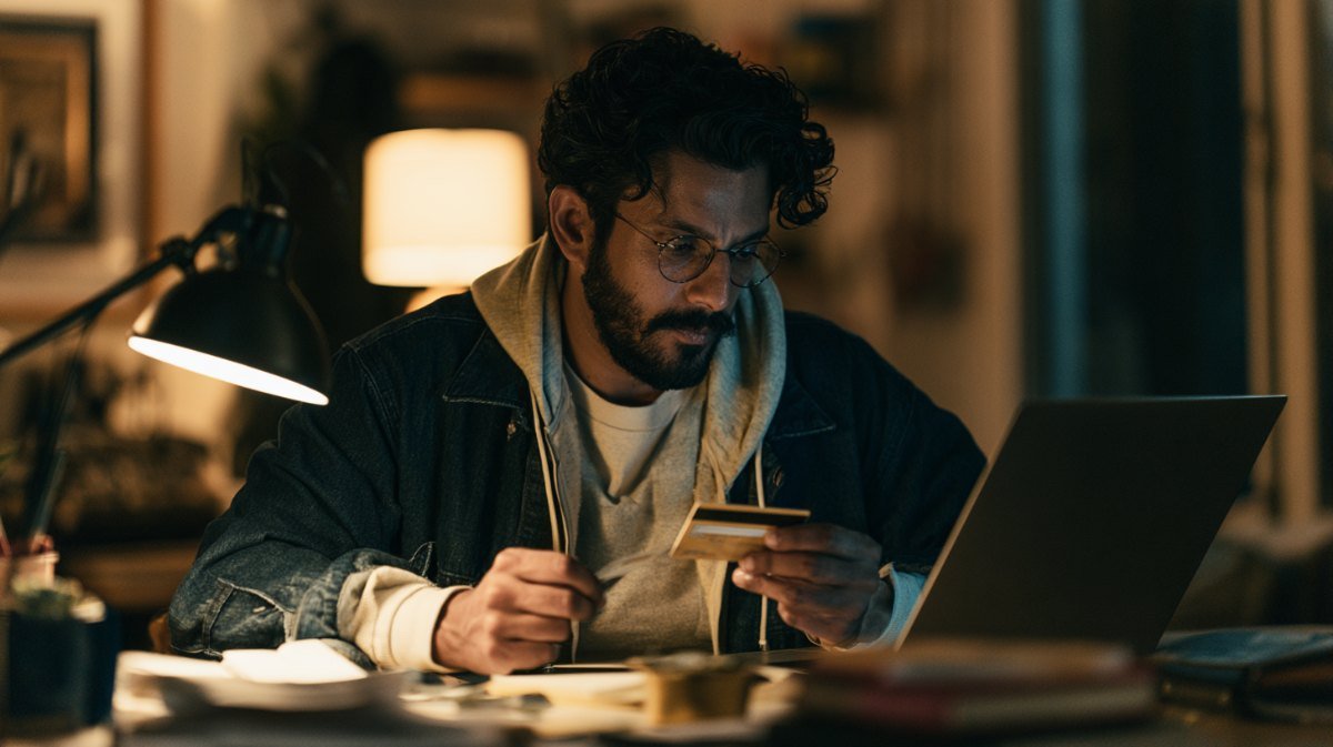 Man holding a credit card while examining a website on a laptop at night