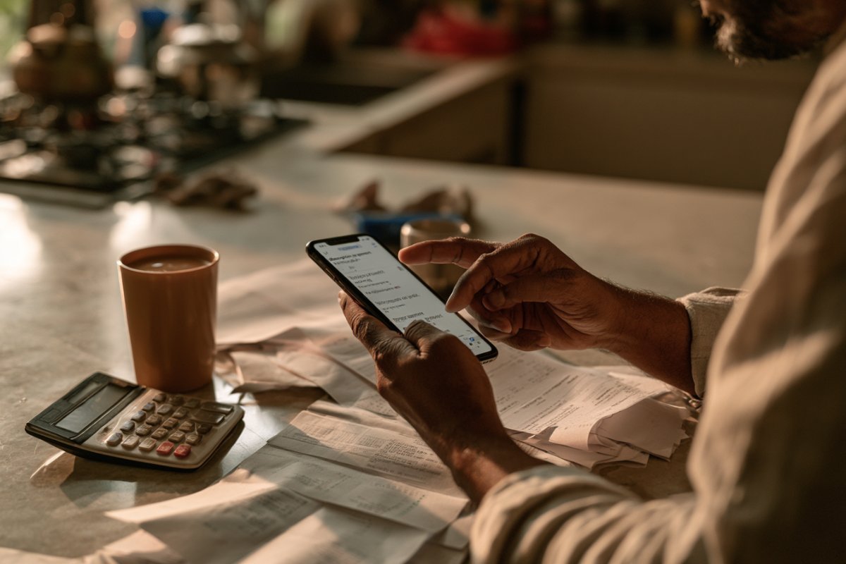 Hands checking subscription payment reminders on smartphone at kitchen table with bills and calculator