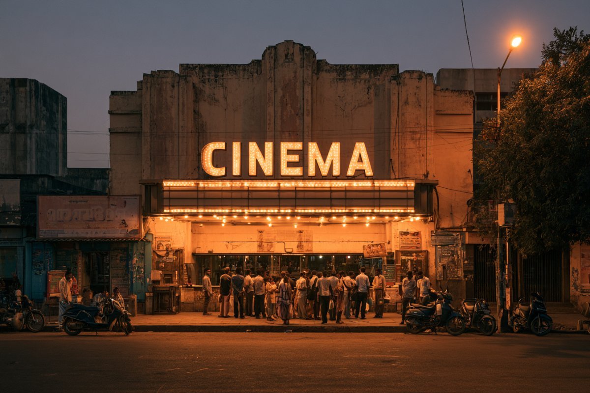Vintage Indian cinema theatre facade with glowing marquee lights and ticket queue at dusk