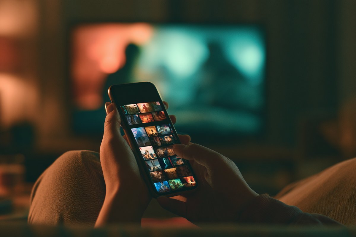 Hands holding a smartphone choosing between streaming apps with TV glowing in the background