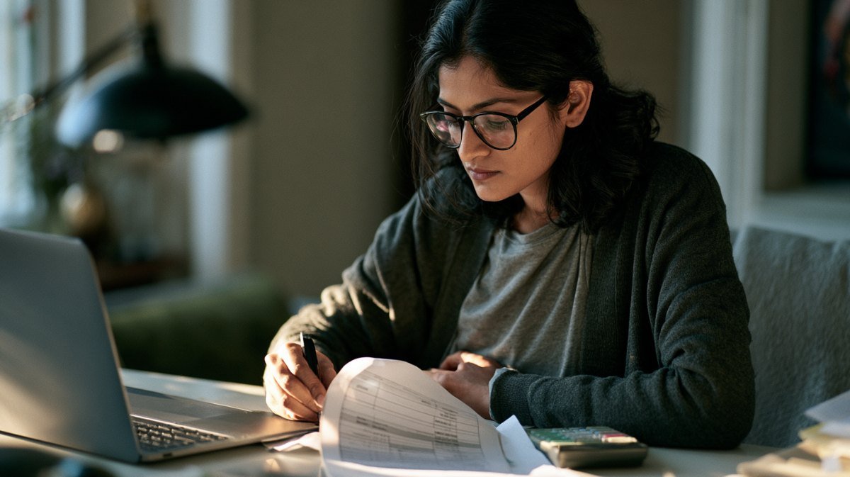 Woman at a desk reviewing a printed financial statement beside a laptop