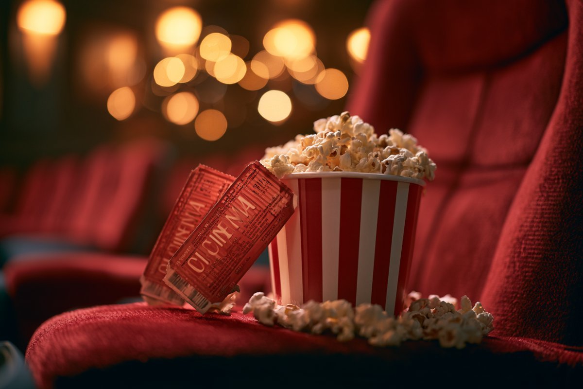 Cinema tickets and popcorn bucket on a red theatre seat armrest before a movie premiere