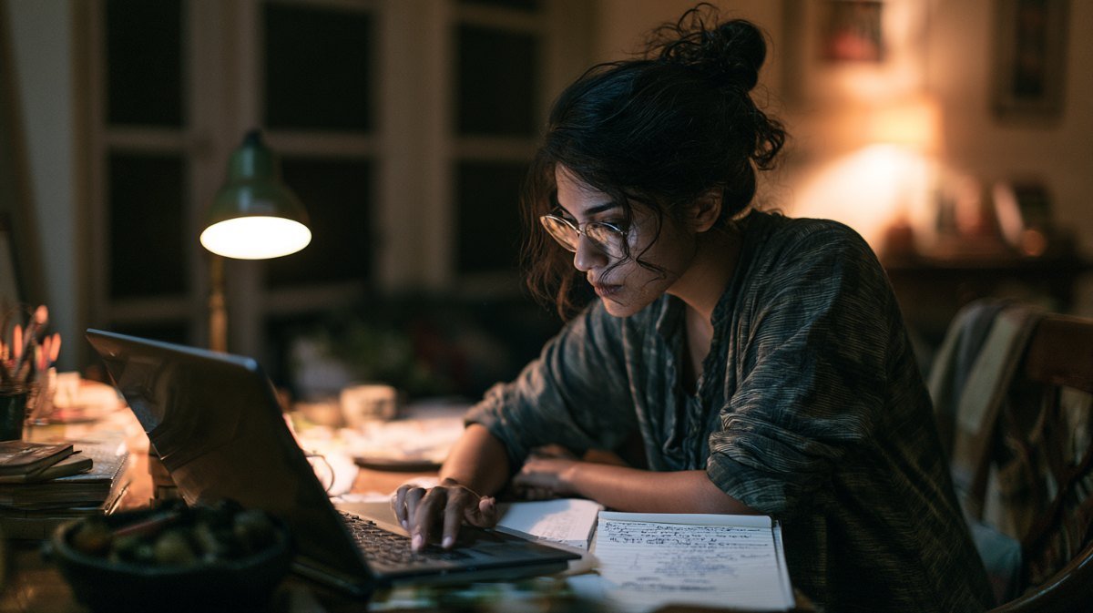 Woman at a desk at night filing a report on a laptop with handwritten notes beside her
