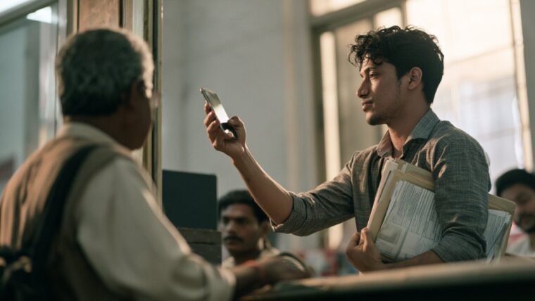 Student showing a document on a smartphone to a clerk at an office counter