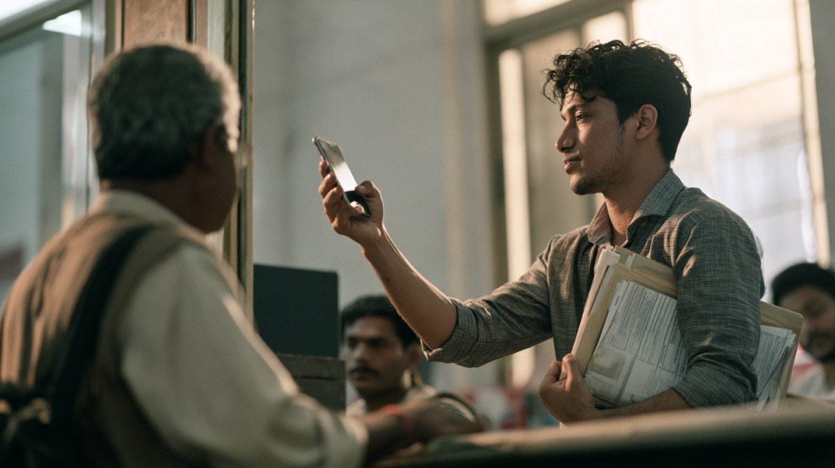 Student showing a document on a smartphone to a clerk at an office counter