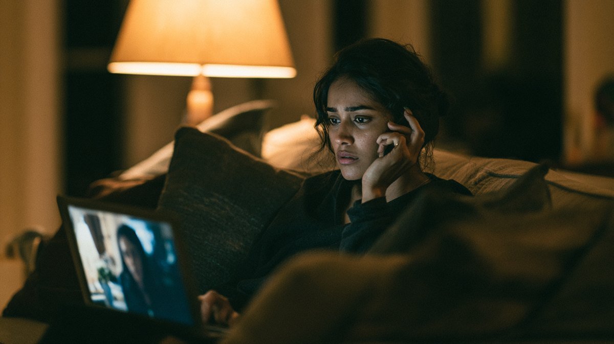 Woman on a night-time video call looking anxious, laptop screen lighting her face