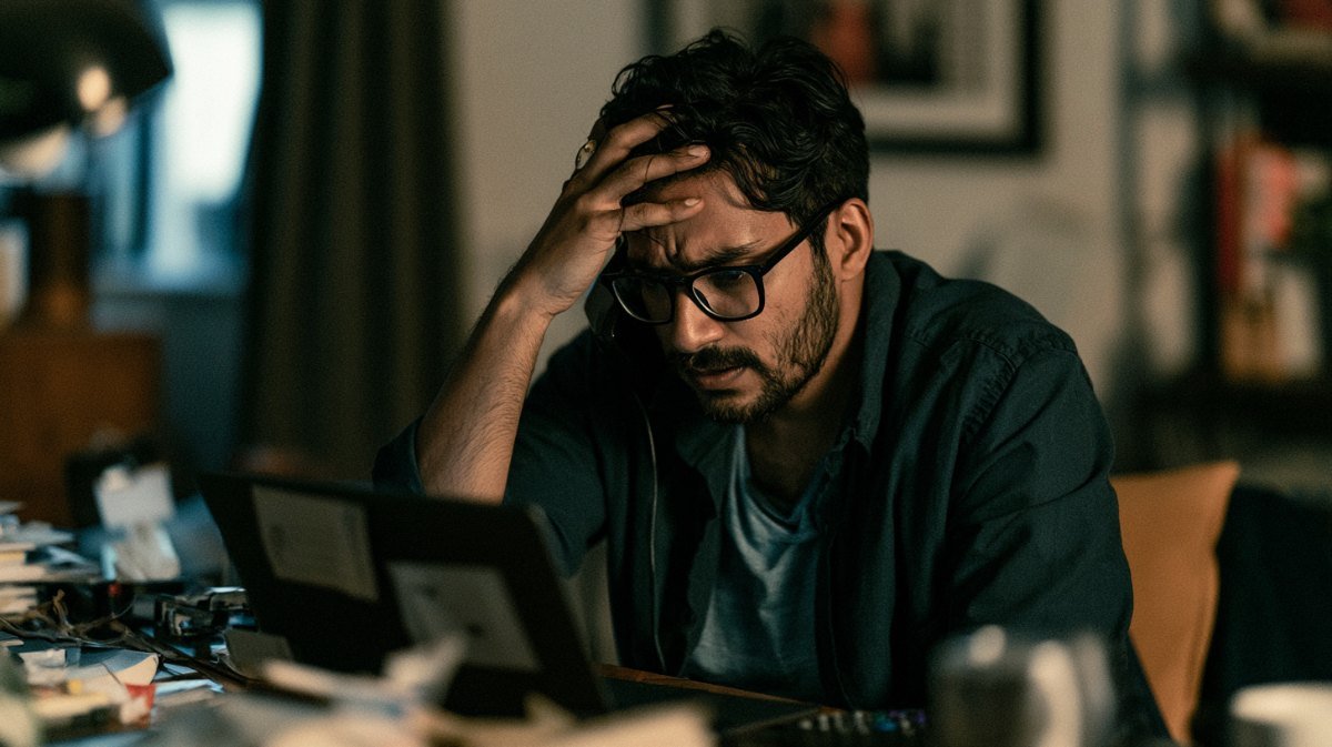 Man on hold on a phone call with one hand on his forehead at a desk