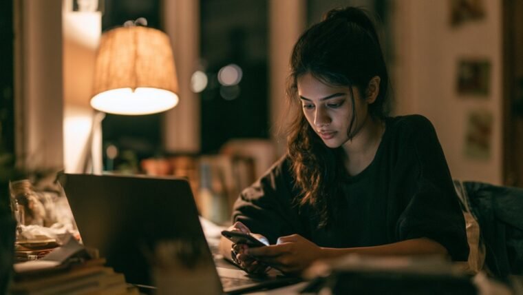 Woman setting up two-factor authentication on a laptop with her phone in hand