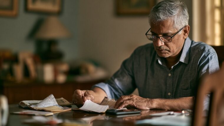 Man at a dining table with bank passbooks and a smartphone