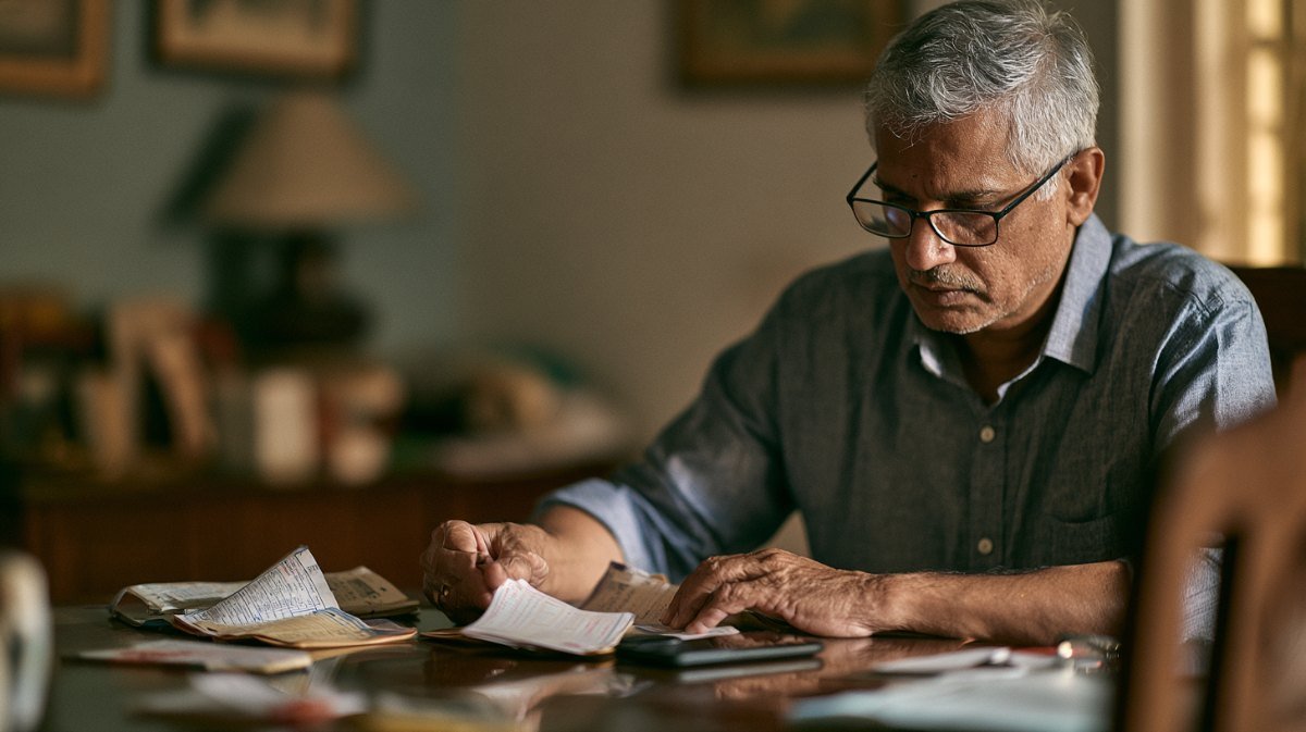 Man at a dining table with bank passbooks and a smartphone