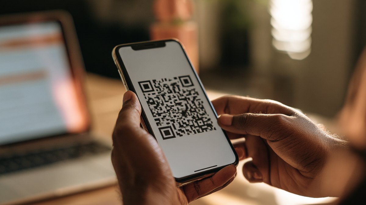 Hands holding a smartphone displaying a QR code with a laptop behind