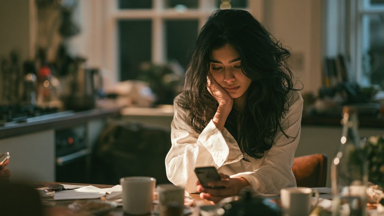A young Indian woman using everyday AI apps on her smartphone at a kitchen table in morning light