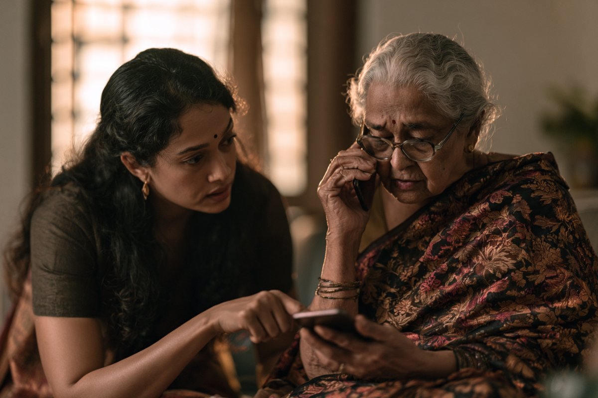 Daughter helping elderly mother identify a suspicious scam phone call on her smartphone