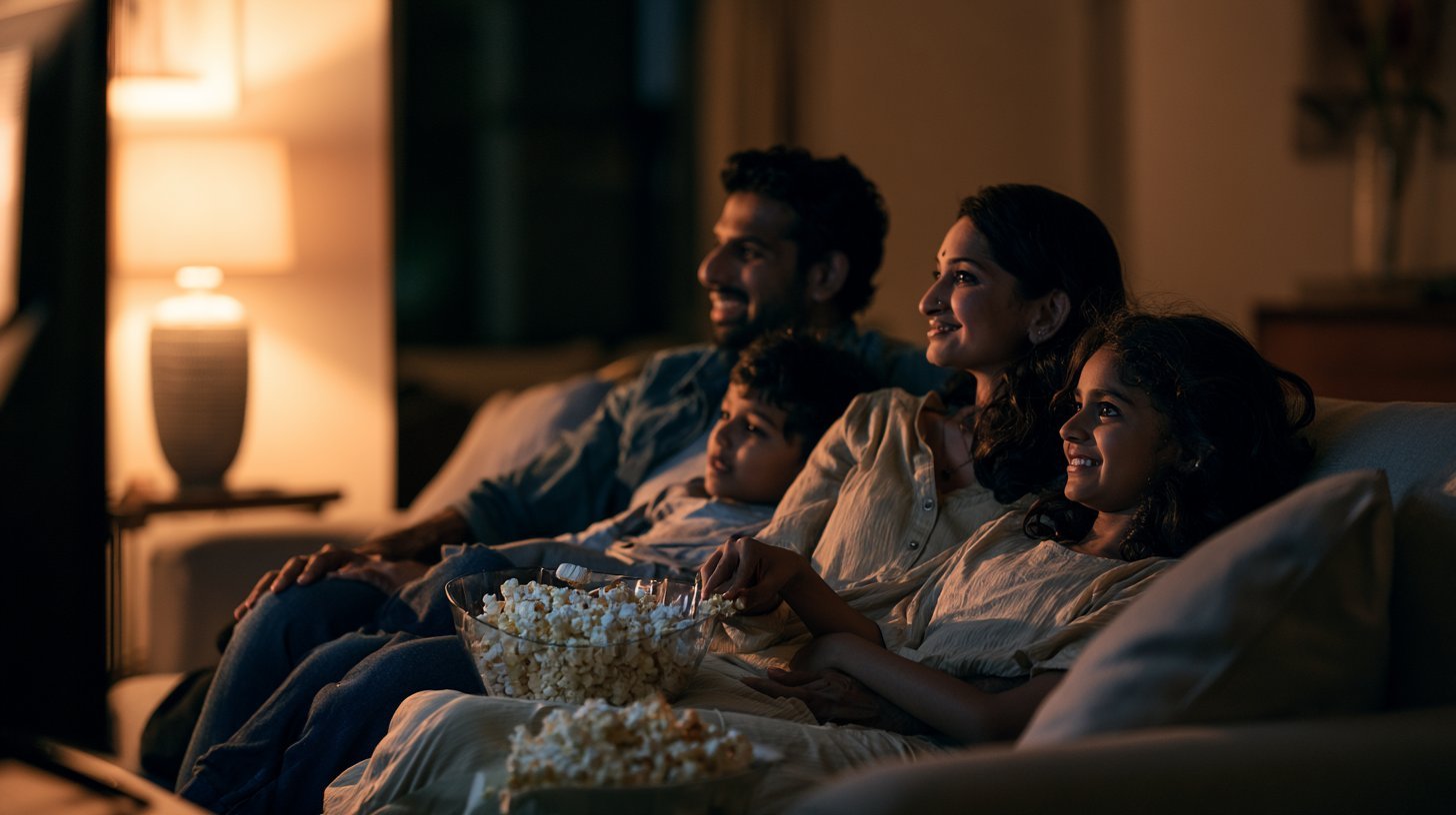 Indian family watching a movie together on a large TV during a cozy movie night at home