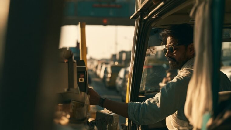 Car at a national highway toll plaza with a scanner reading the windscreen tag