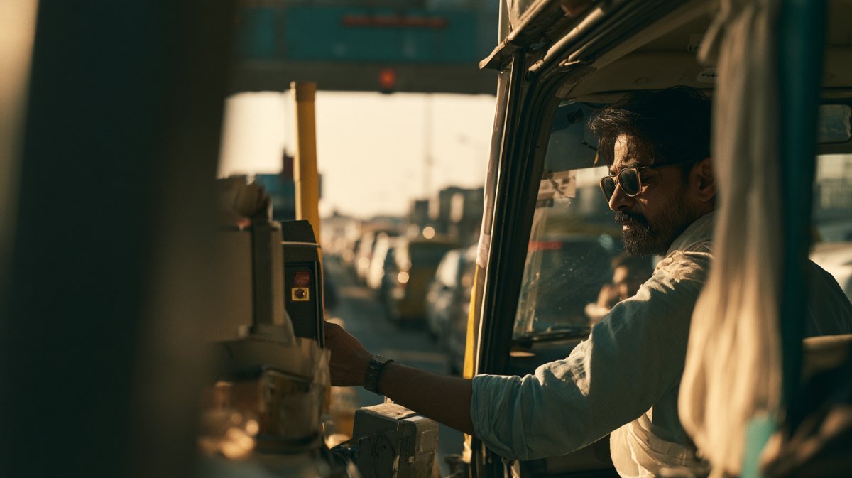 Car at a national highway toll plaza with a scanner reading the windscreen tag