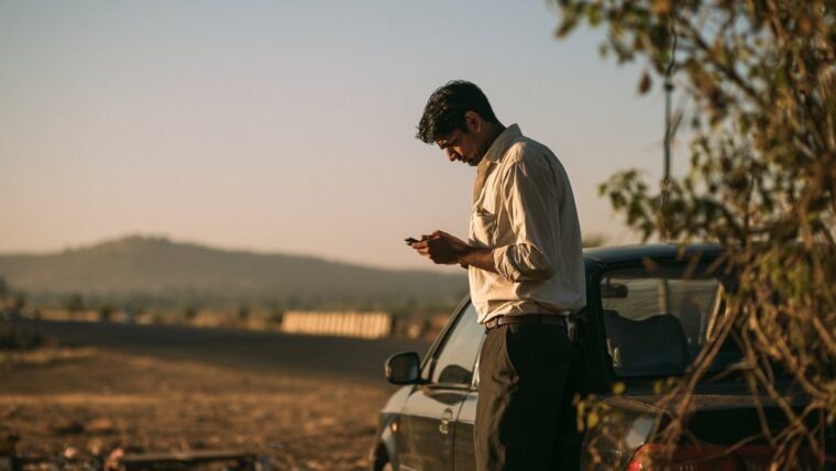 Man beside a parked car at a highway rest area looking at his smartphone