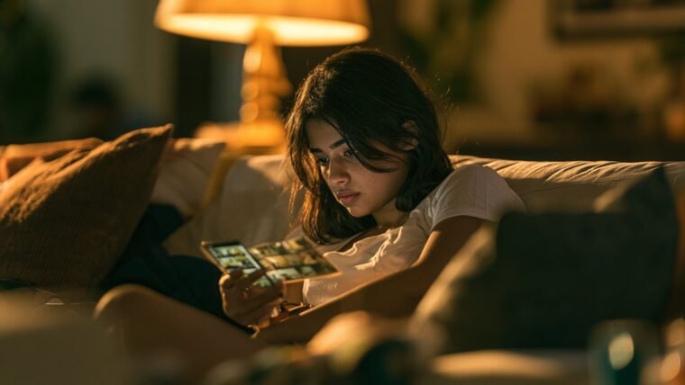 An Indian teenager searching through a phone photo gallery for deleted videos on a living room sofa