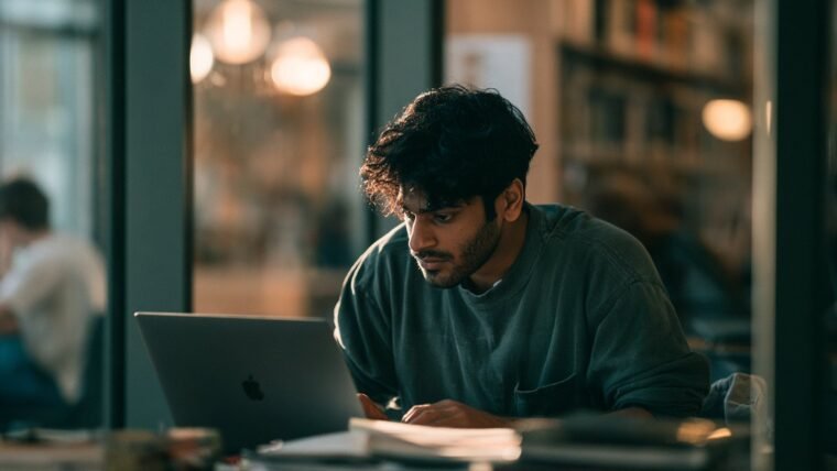 An Indian college student comparing free and paid AI tool subscription plans on a laptop in a library