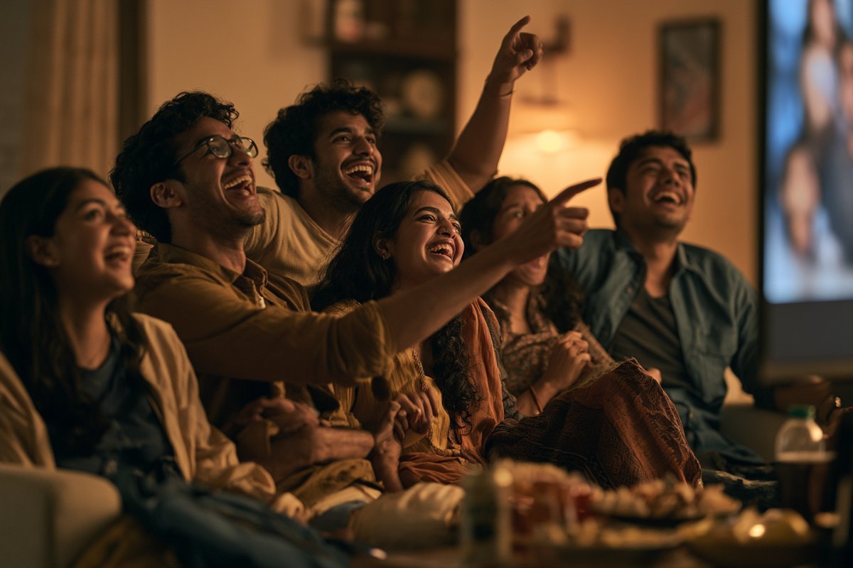 Group of friends reacting excitedly while watching a Telugu movie at home