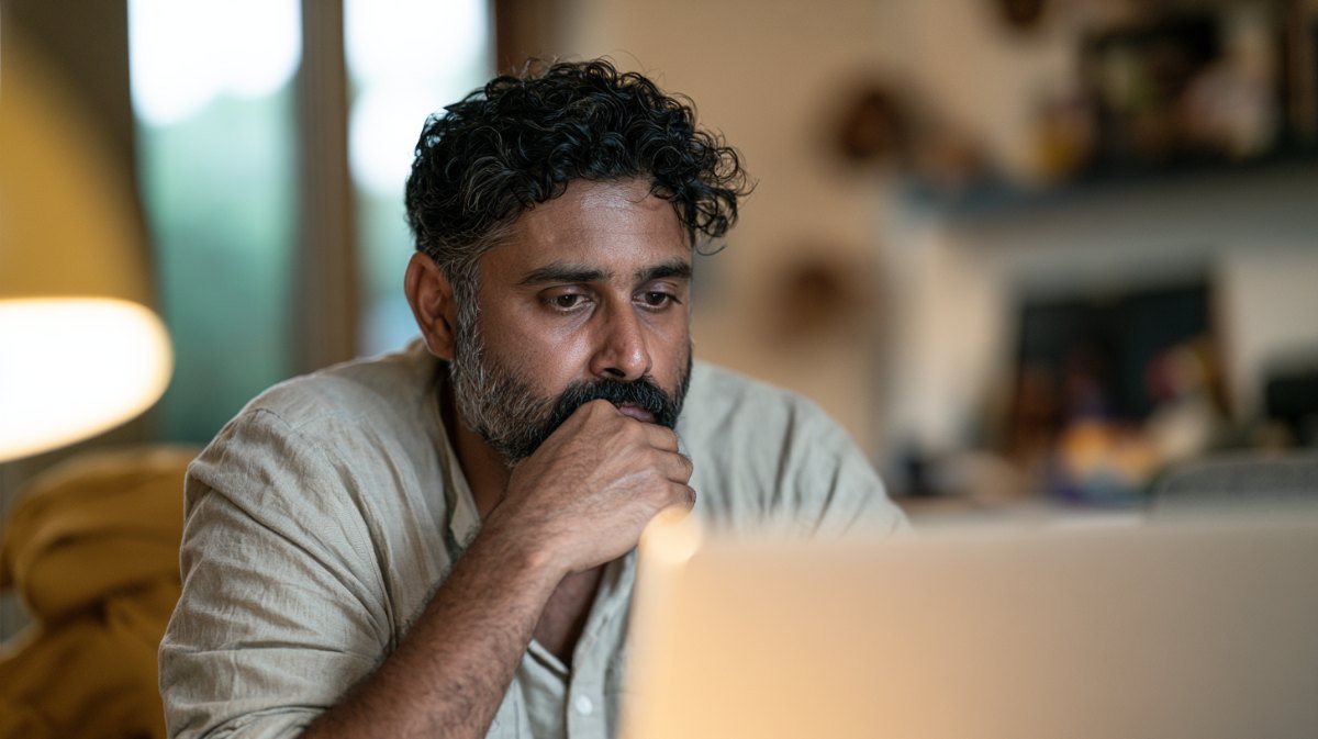 Man at a laptop looking frustrated after being locked out of an account