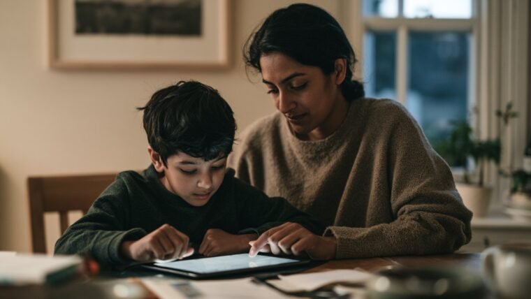 Mother and young son at a dining table looking at a tablet together