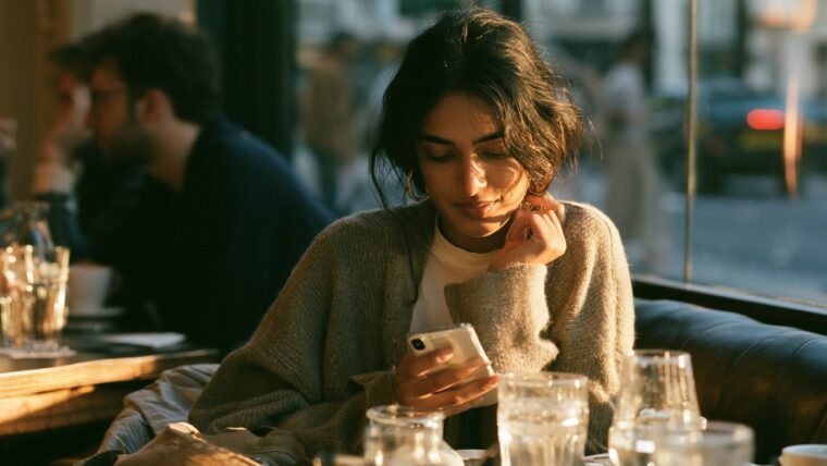A young Indian woman typing a question into an AI chat assistant on her phone in a cafe